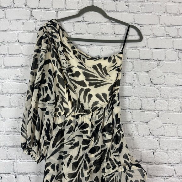 Alexis x Target Botanical One Shoulder Black White Ruffle Chiffon Dress Women S - Picture 5 of 12